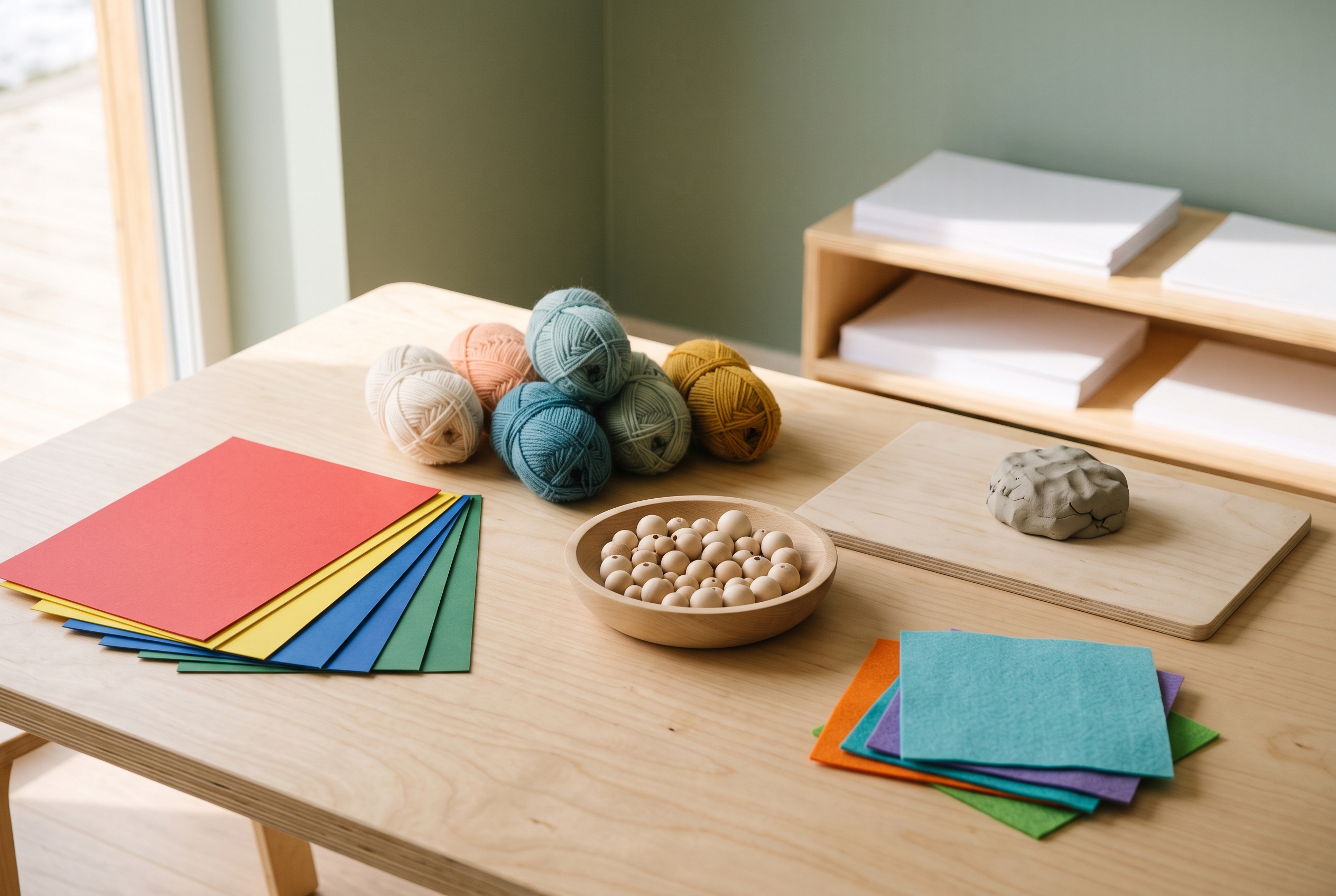 Kindergartentisch mit buntem Karton, Wollknäueln, Holzperlen, Ton und Filzquadraten
