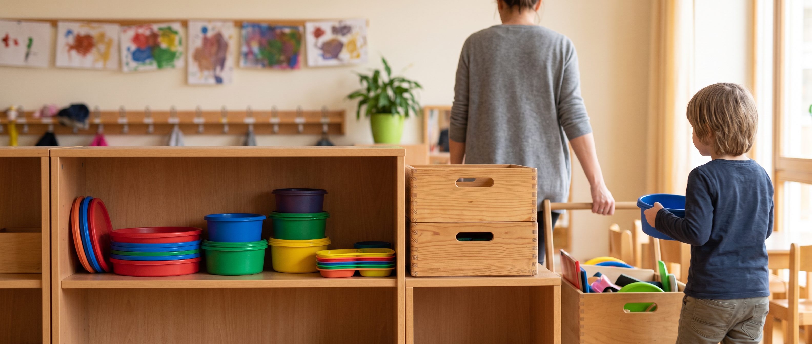 Runde Wannen, Deckel, Materialschalen und ein Transportwagen im Gruppenraum eines Kindergartens