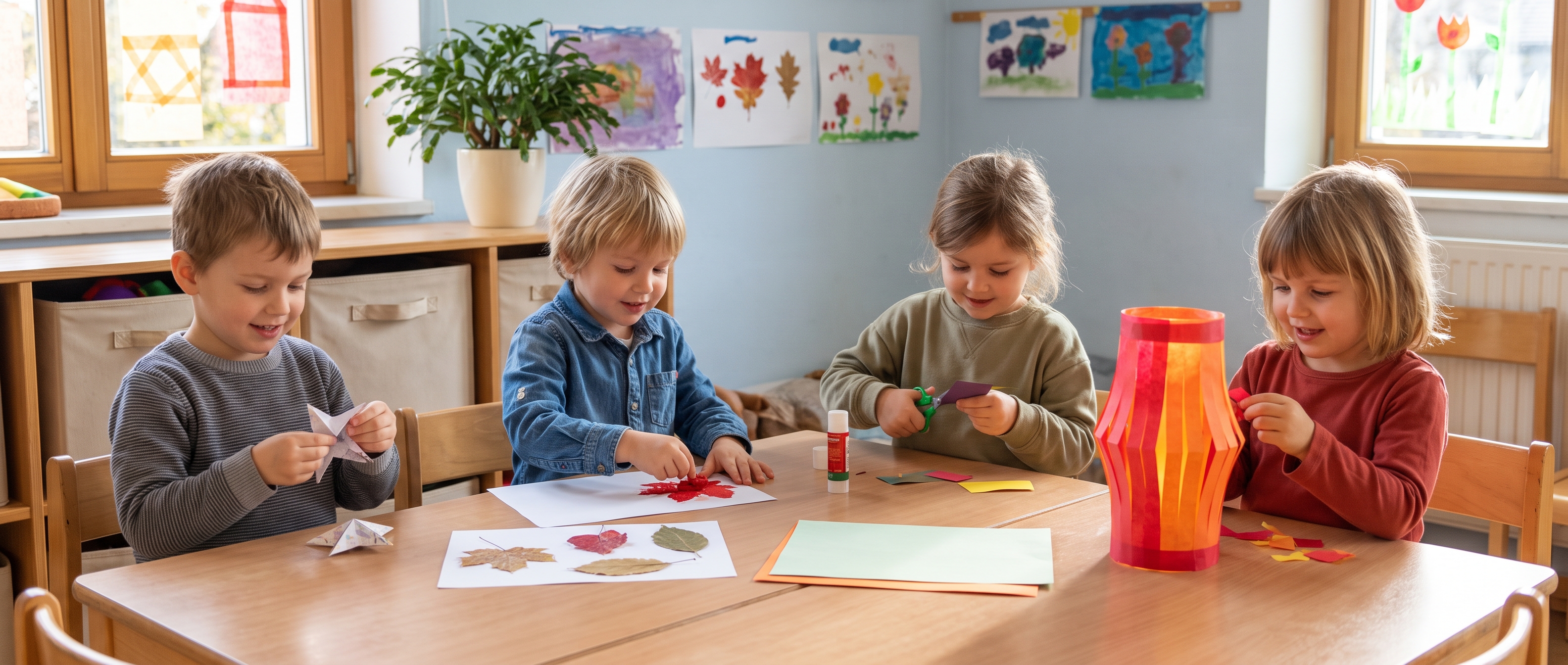 Vier Kinder basteln gleichzeitig am Gruppentisch an verschiedenen Jahreszeiten-Arbeiten: eine fertige Laterne, ein gefalteter Papierstern, ein Blätterdruck und ein Farbtopf mit Pinsel