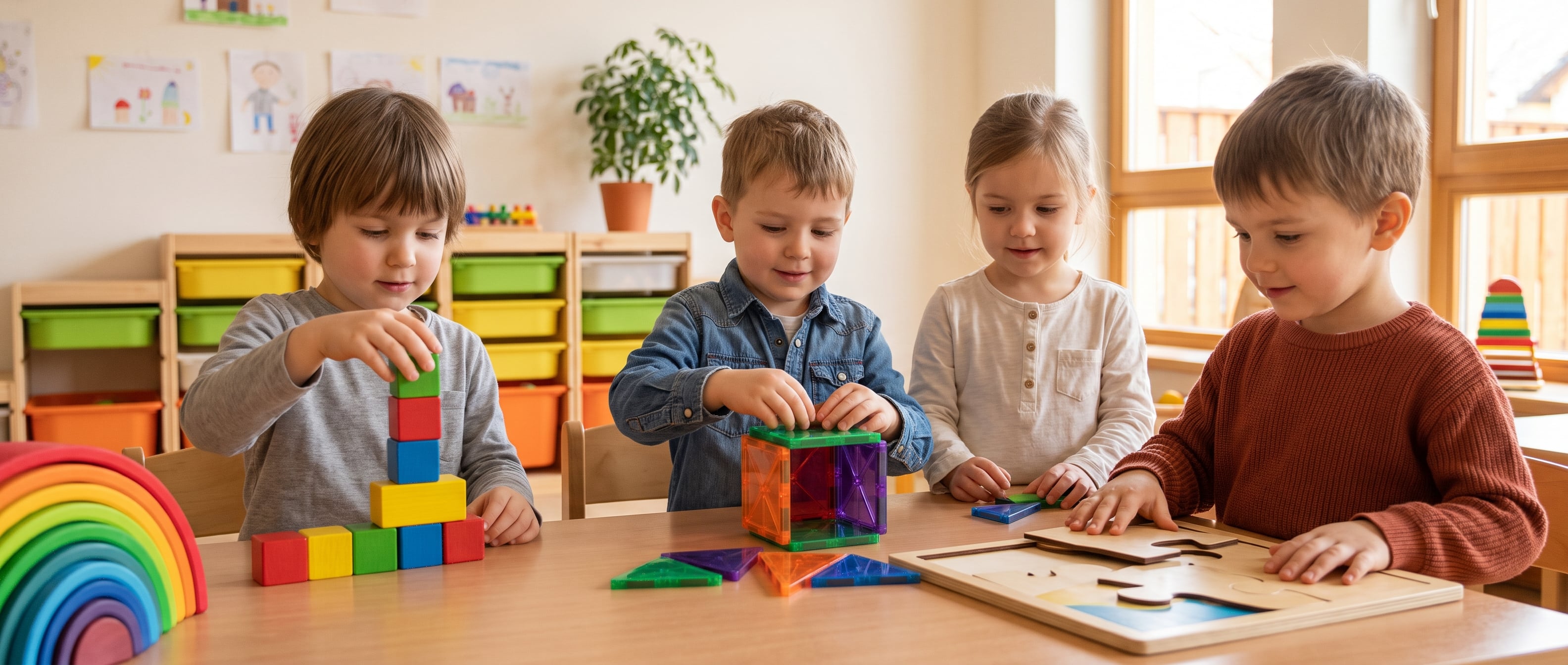 Drei Kinder bauen an einem Kindergartentisch mit Holzbausteinen, farbigen Magnetplättchen und einem Holz-Lagenpuzzle