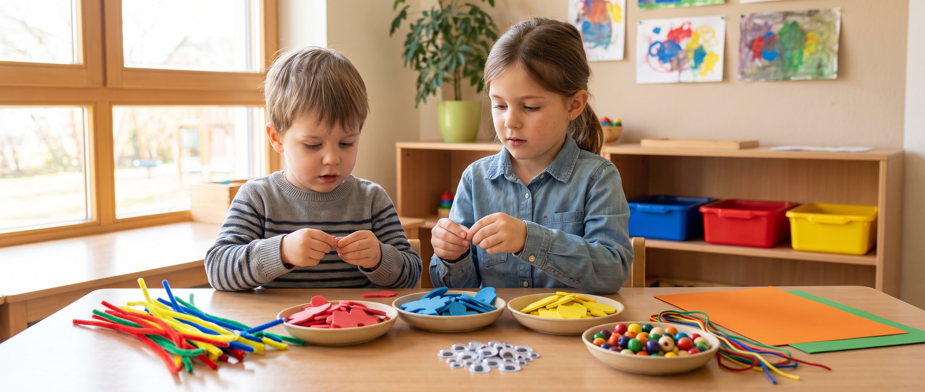 Zwei Kinder basteln am Gruppentisch mit bunten Pfeifenputzern, Moosgummiformen, Wackelaugen und Holzperlen in offenen Schalen